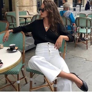 Maje Cashmere cardigan sweater with silver buttons.